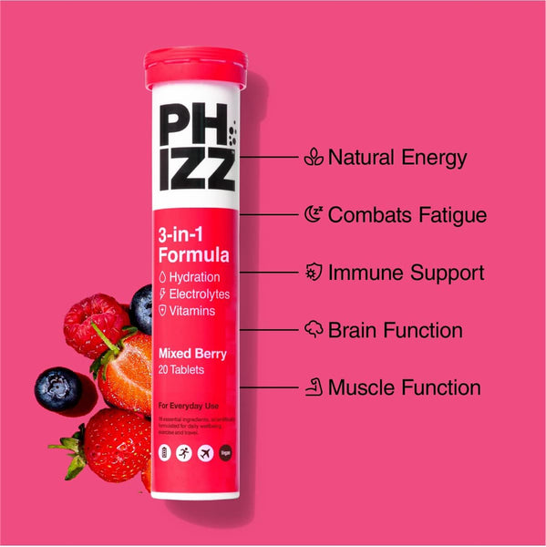 Displayed is a red container of Phizz Mixed Berries effervescent tablets, surrounded by berries. Benefits like Natural Energy, Fatigue Combating, Immune Support, and Brain/Muscle Function are highlighted. The label reads Phizz Mixed Berries Red (20s), promoting hydration for a revitalized day ahead.