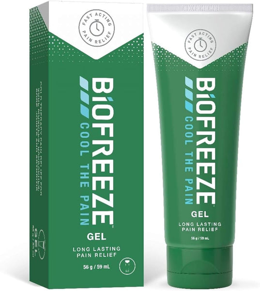 A green tube of Biofreeze Pain Relief Gel (59ml) with menthol formula is next to its box, both promoting Fast Acting Pain Relief and Cool the Pain. The packaging also highlights Long Lasting Pain Relief.