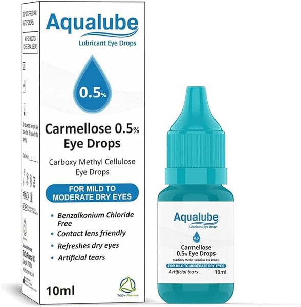 Image of Aqualube Bottle 0.5% (10ml) by Ajanta Pharma, featuring Carmellose 0.5% Eye Drops for mild to moderate dry eyes, with a tear drop icon and green leaf logo. This ophthalmic solution ensures targeted hydration for dry and irritated eyes.