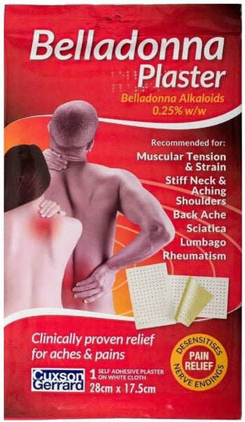 Packaging of Belladonna Medicated Plaster (28cm x 7.5cm) by Cuxson and Gerrard depicts a person easing muscle pain by touching their neck and back. Text highlights uses for muscular tension, sciatica, and rheumatism, with the brand logo and product information at the bottom.