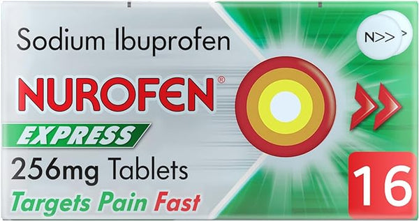 The Nurofen Express 256mg Pain Relief Tablets packaging showcases Sodium Ibuprofen 256mg with a target and arrows, emphasizing Targets Pain Fast for dual action relief. A red corner box highlights 16 Tablets.