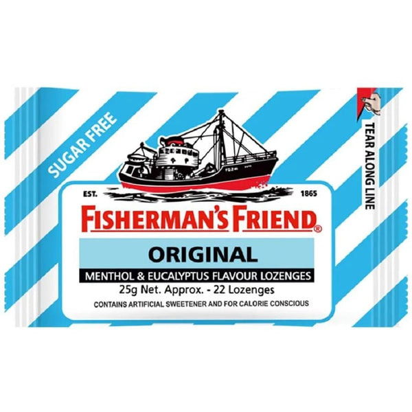 The Fishermans Friend packaging shows a fishing boat on blue and white stripes. It highlights Original, Extra Strong Lozenges, and Menthol & Eucalyptus Flavour, as well as being sugar-free. The phrase tear along line appears on the side.