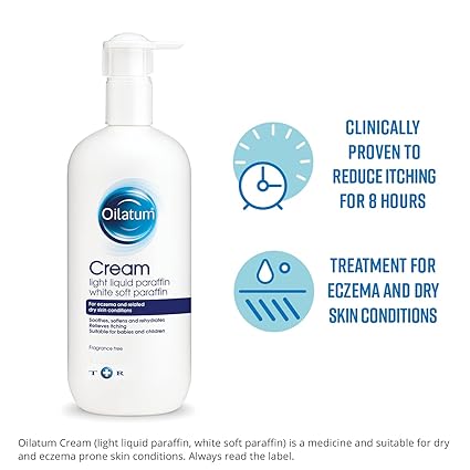 White bottle of Oilatum Eczema Dry Skin Emollient Cream (500ml) featuring an 8-hour itch relief claim for eczema and dry skin. Includes a small clock icon and advises reading the label for usage instructions.