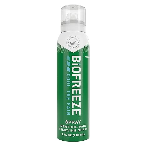 The green Biofreeze Pain Relieving Spray (118ml) can features Cool the Pain and Clinically Recommended on its label, perfect for cryotherapy. It has a white cap, gradient green design, and offers exceptional pain relief.