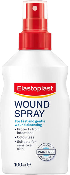 Elastoplast Wound Spray (100ml), featuring a red cap, offers fast, gentle cleansing and infection protection for wound care. Its colorless, suitable for sensitive skin, pain-free, and aids healing effectively.