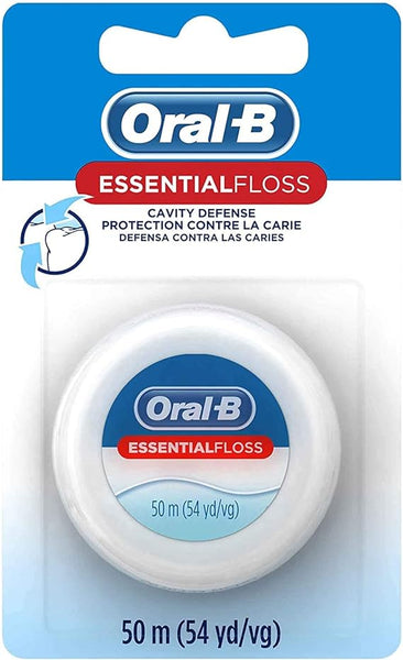 The Oral-B Essential Floss, by Oral B, is designed for effective plaque removal. It features Cavity Defense in multiple languages and offers 50 meters (54 yards) of floss. It comes in a clear plastic case with a blue and white cardboard backing.