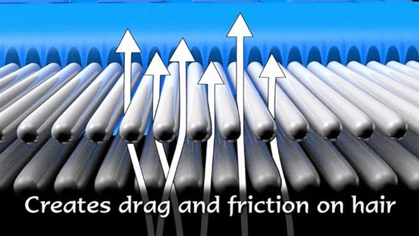 Illustration depicts hair strands caught between Nitcomb-M2s closely spaced bristles by Shantys. Arrows above indicate upward drag and friction, enhancing lice removal efficacy. Text states, Effective head lice removal through drag and friction on hair.