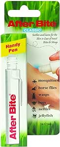 The AfterBite Classic - Insect Bite Relief Handy Pen (14ml) by After Bite is packaged in a green and white box with images of mosquitoes, horse flies, wasps, bees, nettles, and jellyfish. The pen offers instant relief for insect bites and is clearly visible inside the packaging.