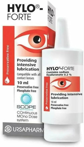 A box and bottle of Hylo Cares Hylo-Forte Eye Drops (10ml) are displayed, highlighting that it contains 0.2% sodium hyaluronate, is preservative and phosphate-free, and suitable for all contact lenses.