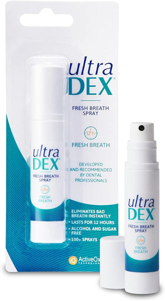 The image showcases Ultradex Fresh Breath Spray (9ml) packaging, emphasizing 12h Fresh Breath and Developed and Recommended by Dental Professionals. This alcohol and sugar-free spray offers over 100 uses, ensuring long-lasting freshness by helping eliminate bad breath.