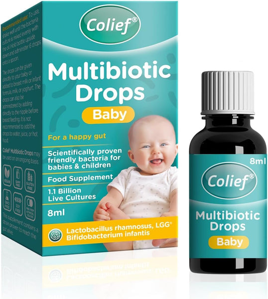 The product image of Colief Multibiotic - Baby Drops (8ml) features a smiling baby on the box, indicating it contains probiotic drops with 1.1 billion live cultures including Lactobacillus rhamnosus and Bifidobacterium infantis to aid in supporting babies gut health.