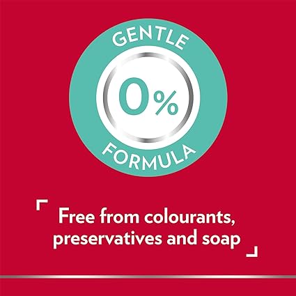 The image shows a red background with a teal circle labeled Gentle Formula 0%, and below, white text states, Free from colourants, preservatives and soap. This underscores the calming benefits of Canesfresh Soothing Gel Wash (200ml) for intimate care.