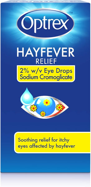 Optrex Allergy & Hayfever Eye Drops (10ml) come in blue packaging featuring 2% w/v Sodium Cromoglicate. The design includes an eye graphic with flowers and a water droplet, emphasizing soothing relief for itchy hayfever-affected eyes.