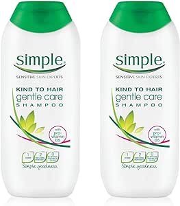 Two bottles of Simple Gentle Shampoo 200ml, ideal for sensitive scalps. The label, featuring Kind to Hair Gentle Care Shampoo and with Pro-Vitamin B5, has a green Simple logo with a leaf design.