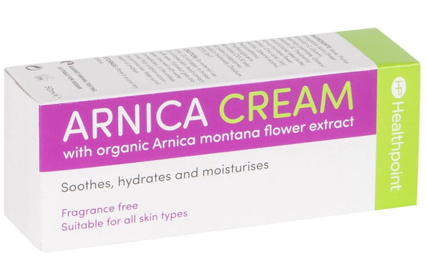 Healthpoints Arnica Cream (50ml) comes in a rectangular box, primarily white with purple and green accents. Made with organic Arnica montana flower extract, this fragrance-free cream is ideal for all skin types, soothing and hydrating the skin effectively.