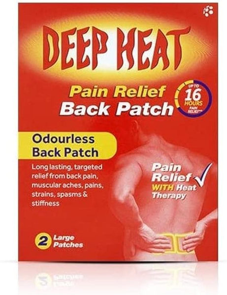 A box of Deep Heat Pain Relief Back Patch contains two large, odourless heat therapy patches in red and yellow packaging. It provides up to 16 hours of comfort for back pain relief and includes an illustration for lower back application.