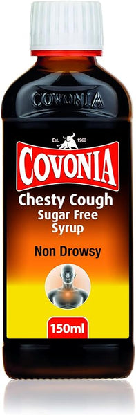 The 150ml Covonia Chesty Cough Syrup features a non-drowsy Guaifenesin formula. Its label prominently showcases the product name against a bold orange-to-black gradient, highlighted with a subtle chest illustration.