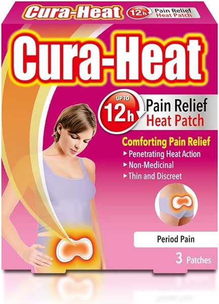 The Cura Heat Period Pain Relief Patch package shows a woman with a highlighted abdomen, symbolizing effective menstrual cramp relief. Offering up to 12 hours of comfort, these thin, discreet patches from Cura Heat provide non-medicinal soothing for period pain.