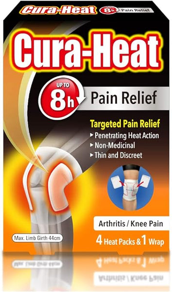 Cura-Heat Arthritis/Knee Pain Heat Packs provide up to 8 hours of targeted, penetrating heat for knee pain relief using an advanced self-heating system. The non-medicinal, thin packs are discreet, fitting limbs up to 44 cm. Includes 4 heat packs and a wrap from Cura Heat.