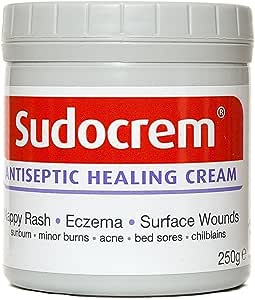 A 250g tub of Sudocrem Sudo Cream is perfect for treating skin issues, emphasizing its emollient benefits for nappy rash, eczema, surface wounds, sunburn, minor burns, acne, bed sores, and chilblains.