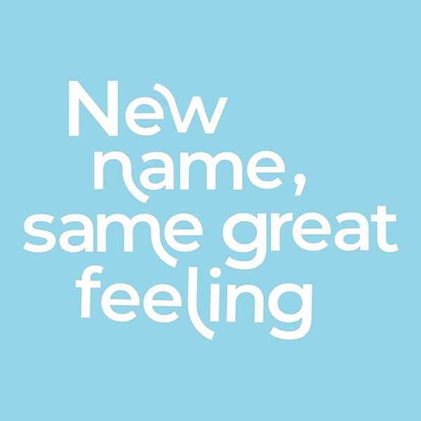 White text on a light blue background reads, KY Jelly: New name, same great feeling. The words name and feeling are slightly curved, reflecting the smooth flow of this 75ml water-based lubricant that enhances intimacy with natural moisture.