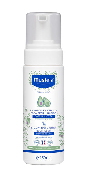 Introducing Mustela Foam Shampoo For Newborns, a 150ml hypoallergenic foam by MUSTELA. The bottle features charming avocado illustrations and Spanish text, highlighting its 99% natural ingredients, ideal for gently addressing cradle cap.