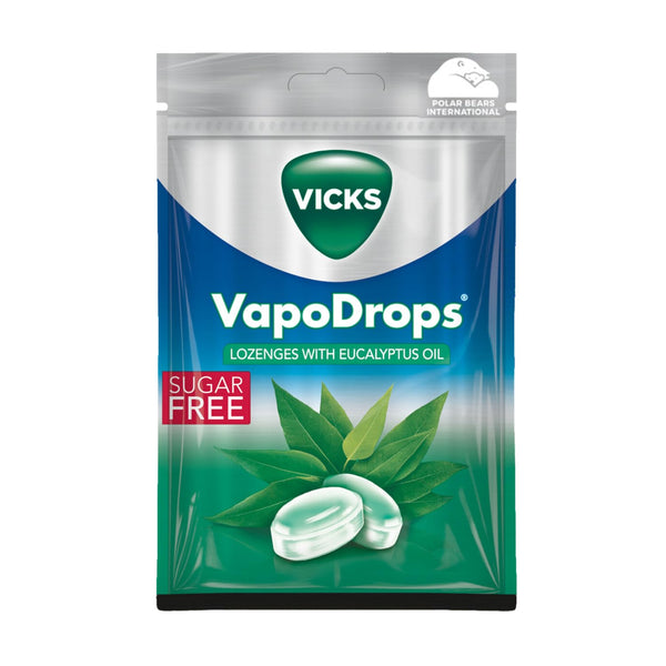 A 72g package of Vicks VapoDrops Eucalyptus Oil lozenges is sugar-free, infused with menthol, and features soothing eucalyptus oil. The green and blue packaging displays the Vicks logo alongside a polar bear symbol from Polar Bears International.