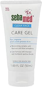 Sebamed Clear Face Care Gel is a 50ml acne treatment with a pH of 5.5 for impure, sensitive skin. It includes a moisturizing complex of Hyaluron and Aloe Barbadensis, plus Allantoin and Panthenol.