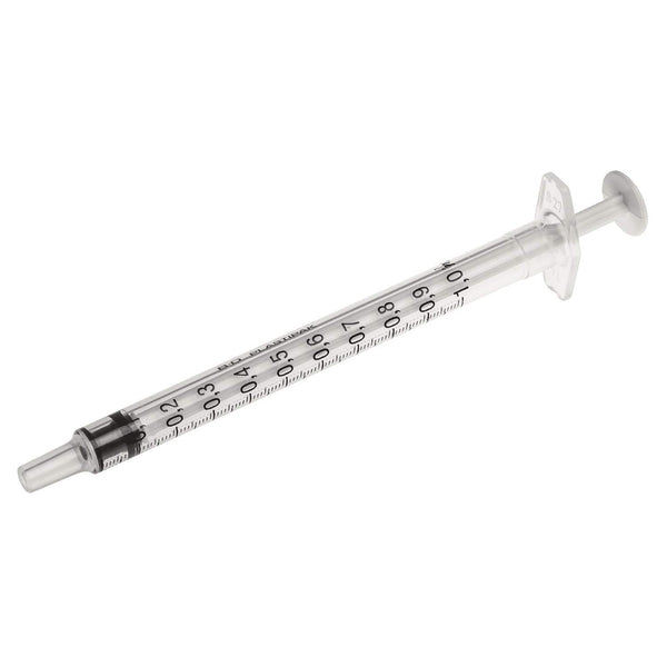 The BD plastipak single syringe (1ml) by BD is a clear plastic syringe with a black plunger and needle tip, crafted from sterile polypropylene. It includes measurement lines for precise dosing and is displayed on a plain white background at an angled diagonal.