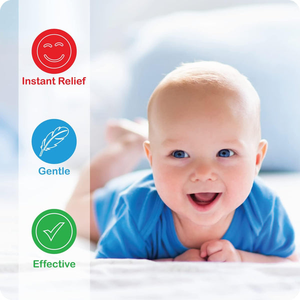 A smiling baby in a blue onesie lies on a bed, presenting Snufflebabe Saline Nasal Drops (10ml). Icons beside it highlight benefits: a red face with Instant Relief, a blue feather with Gentle, and a green checkmark with Effective. Perfect for babies and toddlers needing nasal congestion relief.