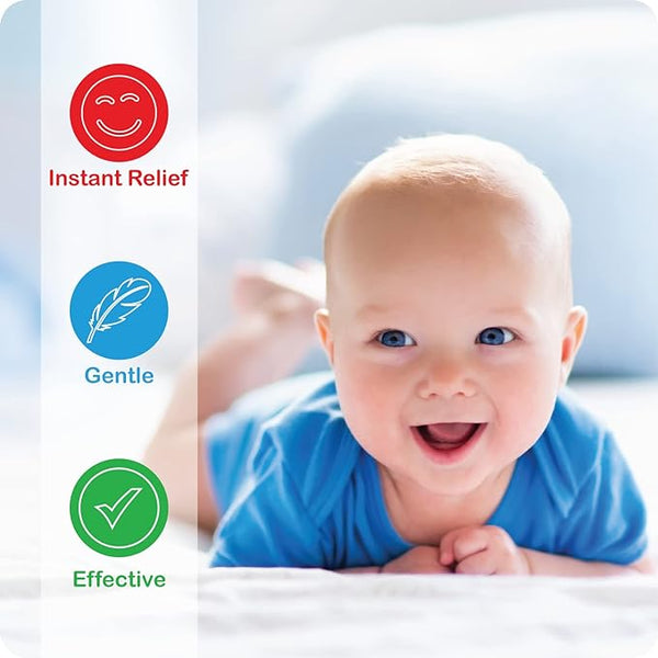 A smiling baby in blue lies on a white bed, with icons on the left: a red smiley face labeled Instant Relief, a blue feather for Gentle, and a green checkmark reading Effective—ideal for soothing blocked noses using Snufflebabe Nasal Sprays 75ml saline solution.