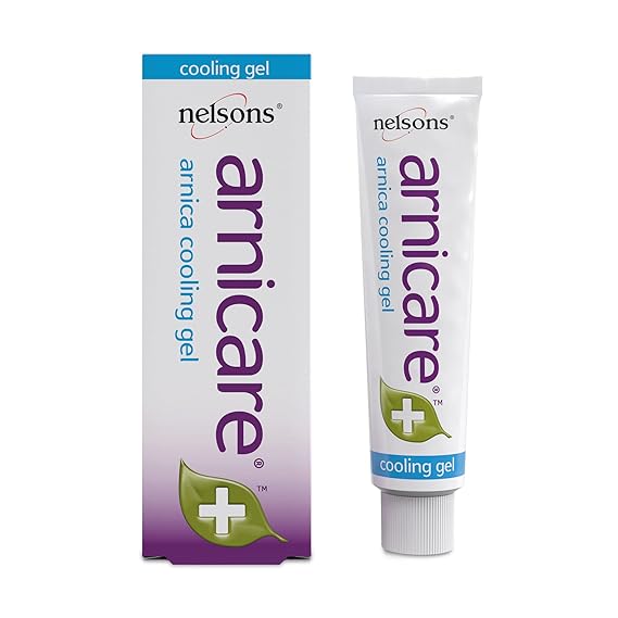 Nelsons Arnicare Arnica Cooling Gel (30g) promises relief for tired legs and aching muscles with its soothing formula. The packaging features a green leaf with a white cross, emphasizing arnica cooling gel as your go-to for comfort.