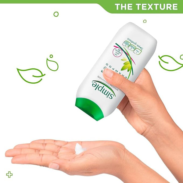 Hands holding a white bottle of Simple Gentle Shampoo, dispensing a small amount into one hand. The 200ml bottle features green accents and leaf illustrations, highlighting its treatment for sensitive scalps. Green text at the top reads The Texture, accompanied by delicate leaf graphics.