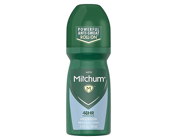 A green bottle of Mitchum Advanced Control Unperfumed Anti-Perspirant and Deodorant with Powerful Anti-Sweat Roll-On, Unscented Roll-On, and 48HR Protection labels, containing 50 ml (1.7 fl oz).