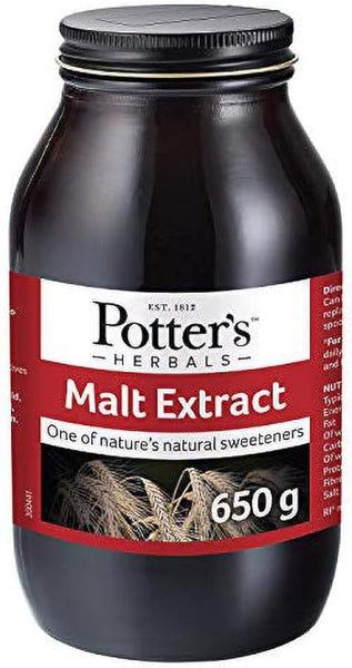 A 650g jar of Potters Malt Extract, a natural sweetener rich in B vitamins and great for baking. It has a black lid and a grain-image label.