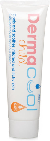 A 100g Dermacool Menthol Aqueous Cream with 0.5% menthol, ideal for childrens skincare. Its white packaging has blue and orange text, stating it cools and soothes mild and itchy skin, offering effective relief.