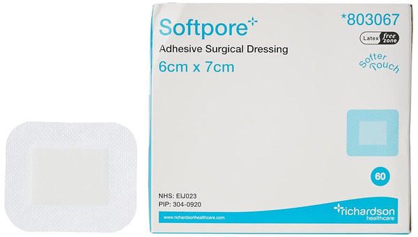 A rectangular box labeled Softpore Dressing (6x7cm, 60s) with the Richardsons Healthcare logo and Latex-free zone sits next to a single, hypoallergenic soft-touch white pad, ideal for wound care.