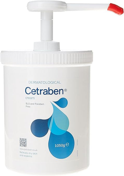 The Cetraben Cream Pump (1050g) by Cetraben, in a white bottle with blue water drop graphics, is dermatological, SLS-free, and paraben-free, perfect for moisturizing dry sensitive skin.