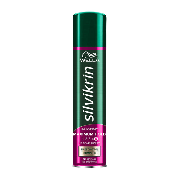 Wella Silvikrin Hairspray Maximum Hold 5 (250ml) from Wella offers up to 48 hours hold with frizz control, leaving no dryness or stickiness. Comes in a green and pink can.