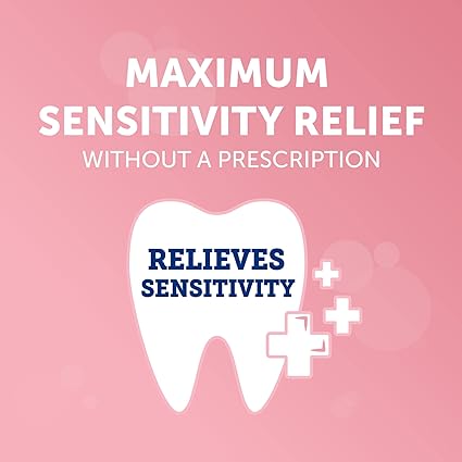 A pink background highlights a white tooth picture with RELIEVES SENSITIVITY text. Above, bold text declares MAXIMUM SENSITIVITY RELIEF WITHOUT A PRESCRIPTION, focusing on sensitive teeth protection. Plus signs adorn the tooth. Product: Arm & Hammer Sensitive Toothpaste (125g) by Arm and Hammer.