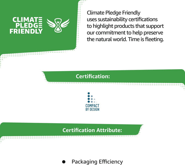 A graphic with the Climate Pledge Friendly logo and an hourglass icon highlights sustainability certifications, featuring packaging efficiency with the Compact by Design logo. Similarly, Oral-B 123 Toothpaste 100ML underscores sustainable practices in its whitening and anti-cavity formulas.