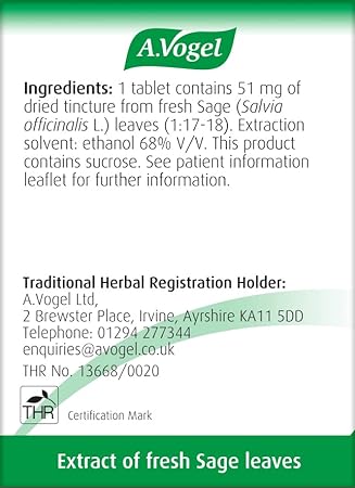 A.Vogel Menoforce Sage Tablets, made with 51 mg dried extract from fresh Sage leaves using ethanol and containing sucrose, support menopause. They provide a certification mark and contact details to help alleviate menopausal symptoms.