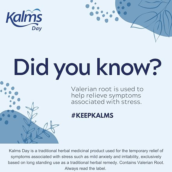 A graphic states, Did you know? Kalms Day Valerian Root Extract helps relieve stress and menopause symptoms. #KEEPKALMS. Additional text describes it as a traditional herbal remedy for stress-related symptoms, set against blue abstract designs.