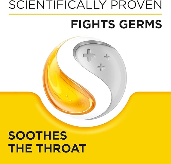 A yin-yang graphic with an orange droplet and silver germ icon appears. Above, it reads, Scientifically Proven. Fights Germs. Below on yellow: Strepsils Honey & Lemon Lozenges (24): Soothes the Throat, emphasizing its antiseptic aspects for sore throat relief.