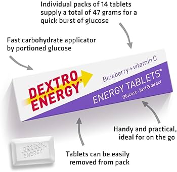 Image of Dextro Energy Tablets - Blueberry (Pack of 24) with labels: fast carbohydrate applicator and portioned glucose, handy design. These tablets offer individual packs providing 47g of dextrose, flavored in blueberry with vitamin C. Brand: Dextro Energy.