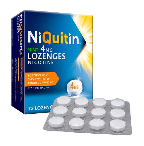 A box of Niquitin Mint 4 Mg Lozenges contains 72 mint-flavored, round, white lozenges. A blister pack with 12 lozenges is displayed in front of the package. These therapeutic lozenges are designed to assist in managing nicotine cravings and support smoking cessation efforts.