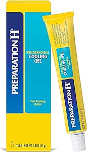 The packaging for Preparation H Clear Gel features a yellow and blue box with Fast Cooling Relief text alongside a matching tube labeled as Preparation H Clear Gel, containing 25g. This product provides effective hemorrhoids relief.