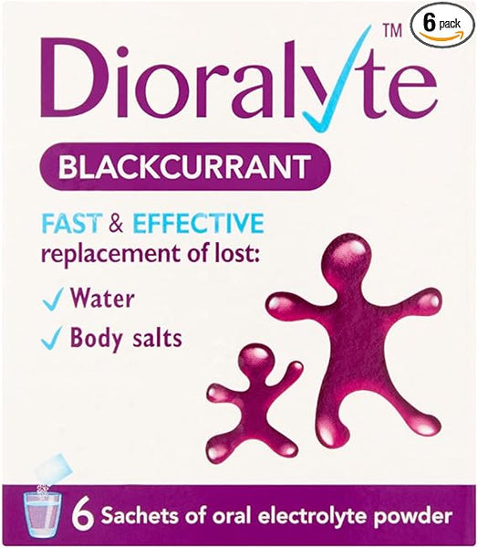 The Dioralyte Blackcurrant (6 Sachets) packaging features purple figures and check marks for water and body salts, ideal for acute diarrhea. It includes a small glass and spoon image in the corner, highlighting its blackcurrant flavor.