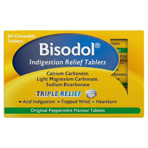 Image of Bisodol Original Peppermint Flavour shows a vibrant yellow and blue box. Chewable Antacid Tablets text highlights Calcium Carbonate, Light Magnesium Carbonate, and Sodium Bicarbonate for triple relief from acid indigestion, trapped wind, and heartburn. Comes with a refreshing peppermint flavor.