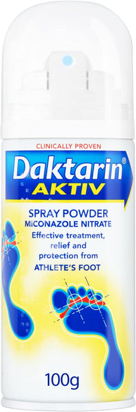 Daktarin Aktiv Spray Powder (100g), by Daktarin, features Miconazole Nitrate for athletes foot treatment. Its blue and yellow label displays a foot with red spots and lines, highlighting targeted relief.